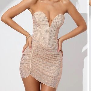 Oh Polly ‘Xena’ Embellished Low Plunge Strapless Mini Dress in Champagne